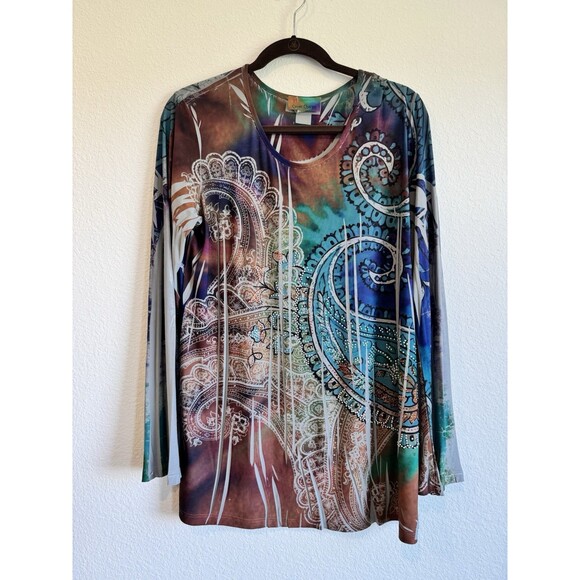 Cover Charge Women's Long Sleeve Tunic Top Colorful Artsy Rhinestone Abstract XL - Picture 1 of 10